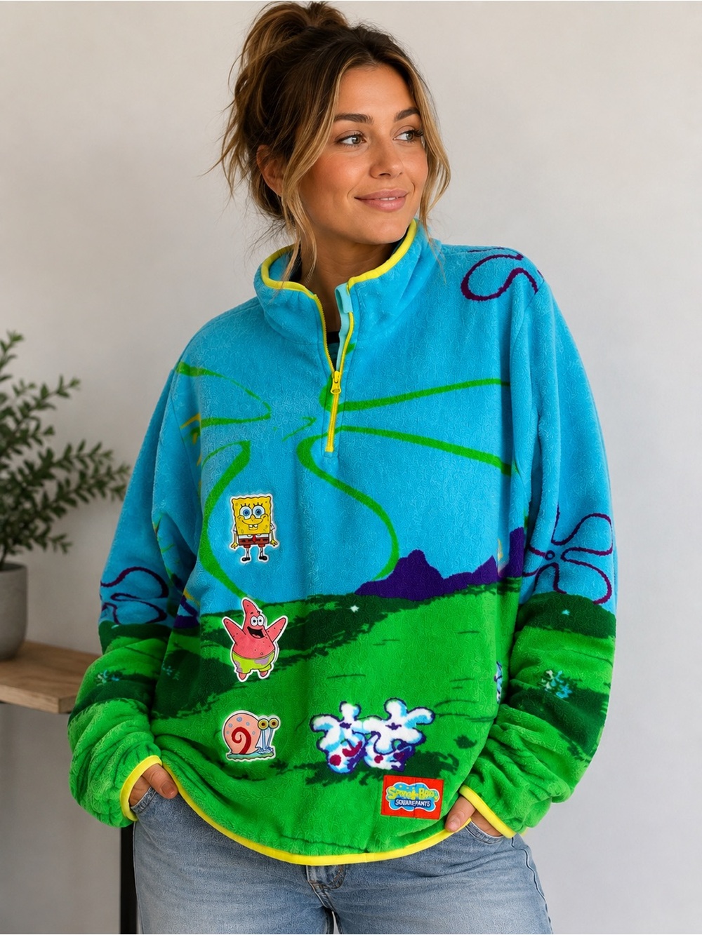 SpongeBob SquarePants Fleece Pullover M Bikini Bottom Patrick Gary Y2K Style